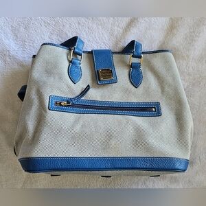 Dooney & Bourke canvas and leather tote bag with blue trim